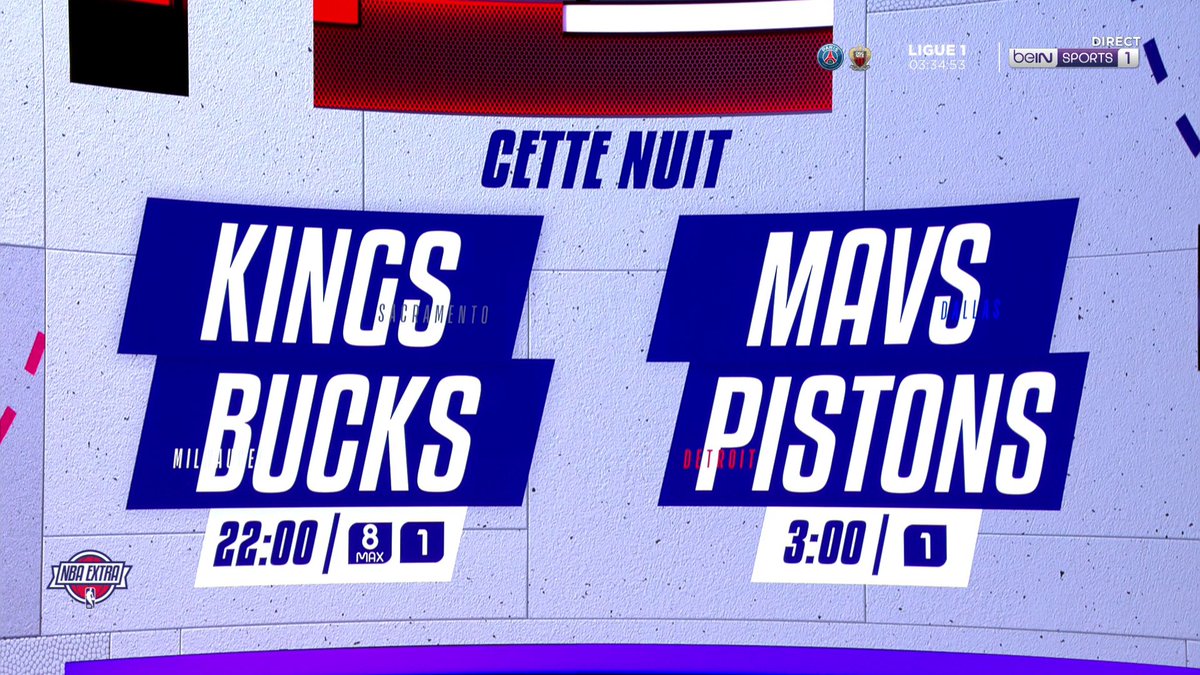 👀🌙 Votre programme de la nuit : 👉 Kings @ Bucks à 22:00 sur beIN 1 / MAX 8 👉 Mavs @ Pistons à 3:00 sur beIN 1 #NBAextra