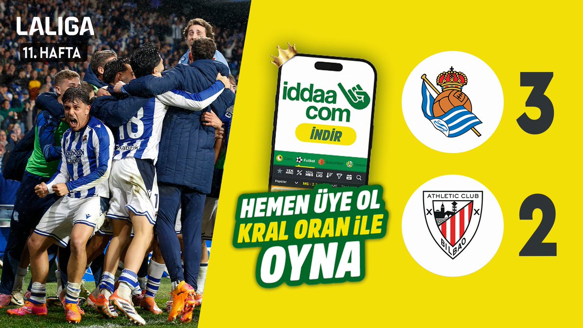 #LALIGA'nın 11. haftasında Real Sociedad, Athletic Club'ı 3-2 mağlup etti. 🟡 iddaa &amp;