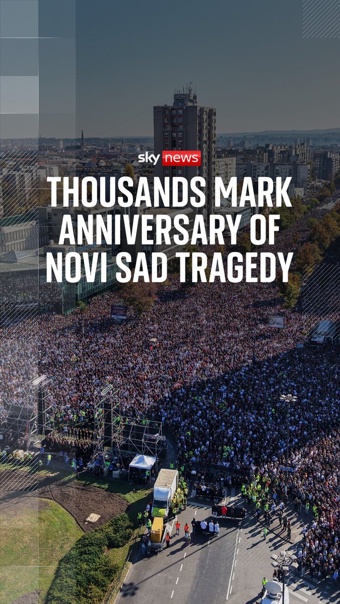 Tens of thousands of people have gathered in Novi Sad, Serbia, to commemorate the victims of last year's railway station disaster, which killed 16 people and sparked nationwide protests. Sky's Alistair Bunkall reports. 🔗