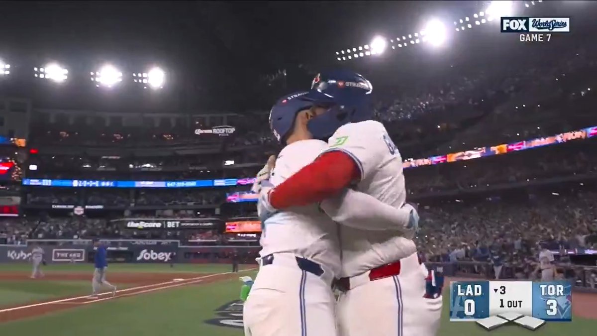 Vladdy had to wait a bit to hug Bo Bichette, but it was worth it 🥹 #WorldSeries