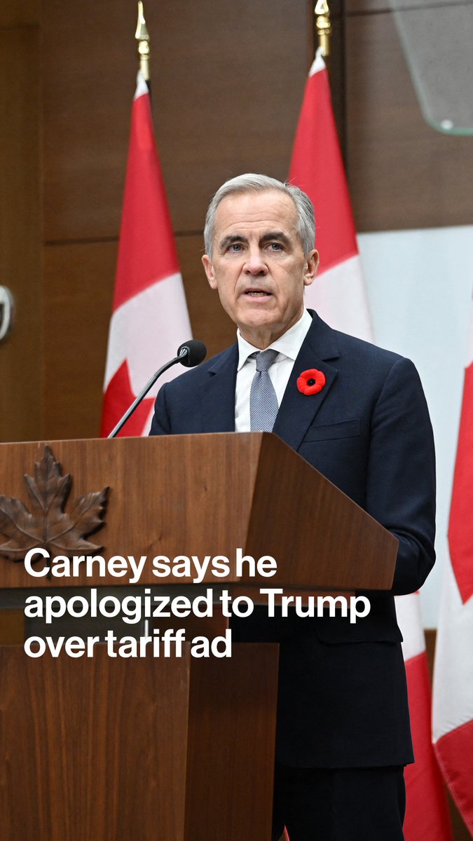 Canadian PM Mark Carney says he apologized to US President Donald Trump over a television ad that opposed tariffs. Trump said earlier he received an apology from Carney, but suggested that trade talks between the two countries won’t restart