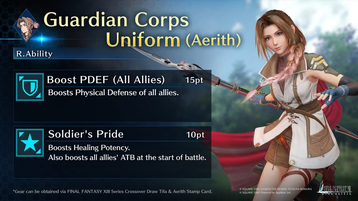 Check out Aerith's Guardian Corps Uniform (Aerith)! Get this Aerith-Exclusive Gear from FINAL FANTASY XIII Series Crossover Draw Tifa &amp; Aerith on the Stamp Card! #FF7EC #FF7EverCrisis #FF7 #FF13