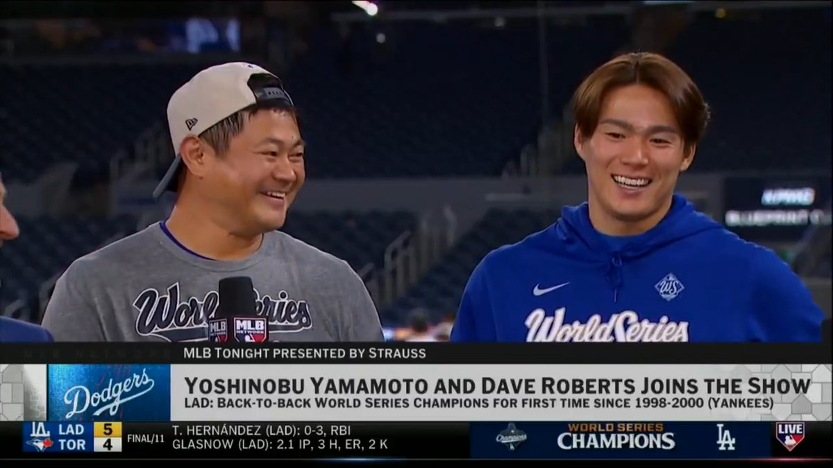 "I didn't think I was going to pitch tonight." - Yoshinobu Yamamoto "I'm glad I didn't know that." - Dave Roberts 😂 #MLBTonight | #WorldSeries