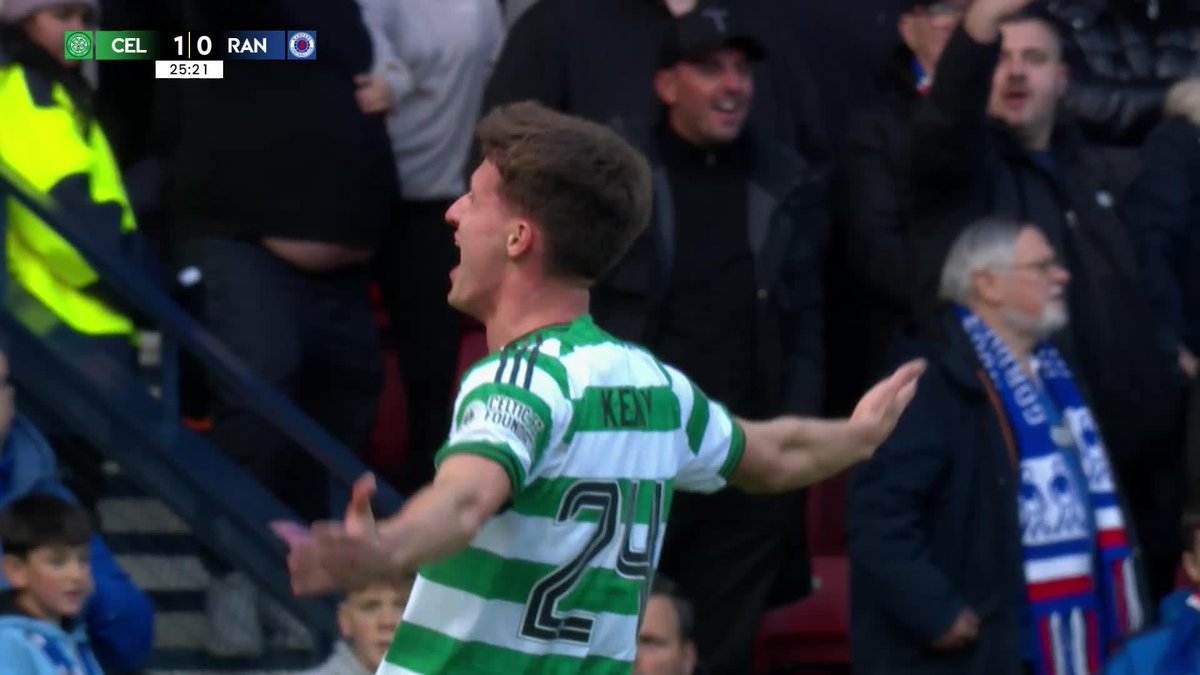 ⚽️ The Sligo man can't stop scoring!!! Arne Engels sends a cross in from the corner and a brilliant header from Kenny puts us 1-0 ahead at Hampden! #CELRAN | #PremierSportsCup | #CelticFC🍀