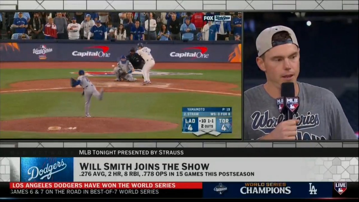 Greg: "You gotta be so sore." Will Smith: "Little bit, yeah." Safe to say catching 73 innings in the #WorldSeries took it out of the Los Angeles Dodgers backstop 😂