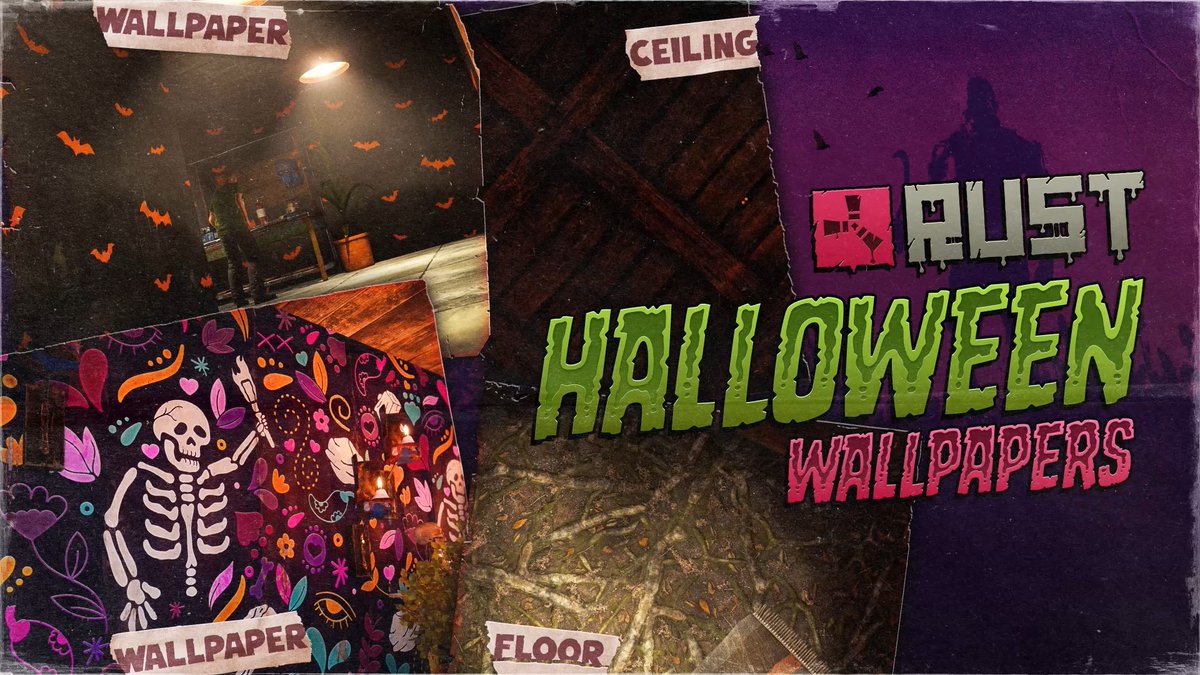 Your base deserves a costume too! 🕷️ Cobweb Wood Ceiling Paper 🦇Halloween Bats Wallpaper 💀 Día de los Muertos Walllpaper 🌿Tree Roots Floor Paper New wallpapers now live for Rust’s Halloween event! Get yours here: