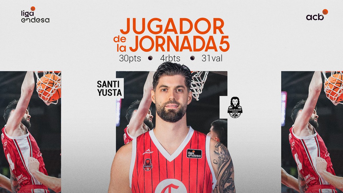 El Jugador de la Jornada 5⃣ de la #LigaEndesa no podía ser otro… ¡SANTI YUSTA! 🦁 ➡️ Con 3⃣0⃣ puntos y 3⃣1⃣ de valoración, el alero se convierte en el único español en la historia de Casademont Zaragoza en firmar un partido de 30 puntos. ➡️ Además, en el último lustro, solo cinco nacionales lo habían conseguido antes: Marc García, Darío Brizuela (x2), Pau Ribas, Nikola Mirotic y Rubén Domínguez. Ahora, Santiago Yusta se une a este selecto club.