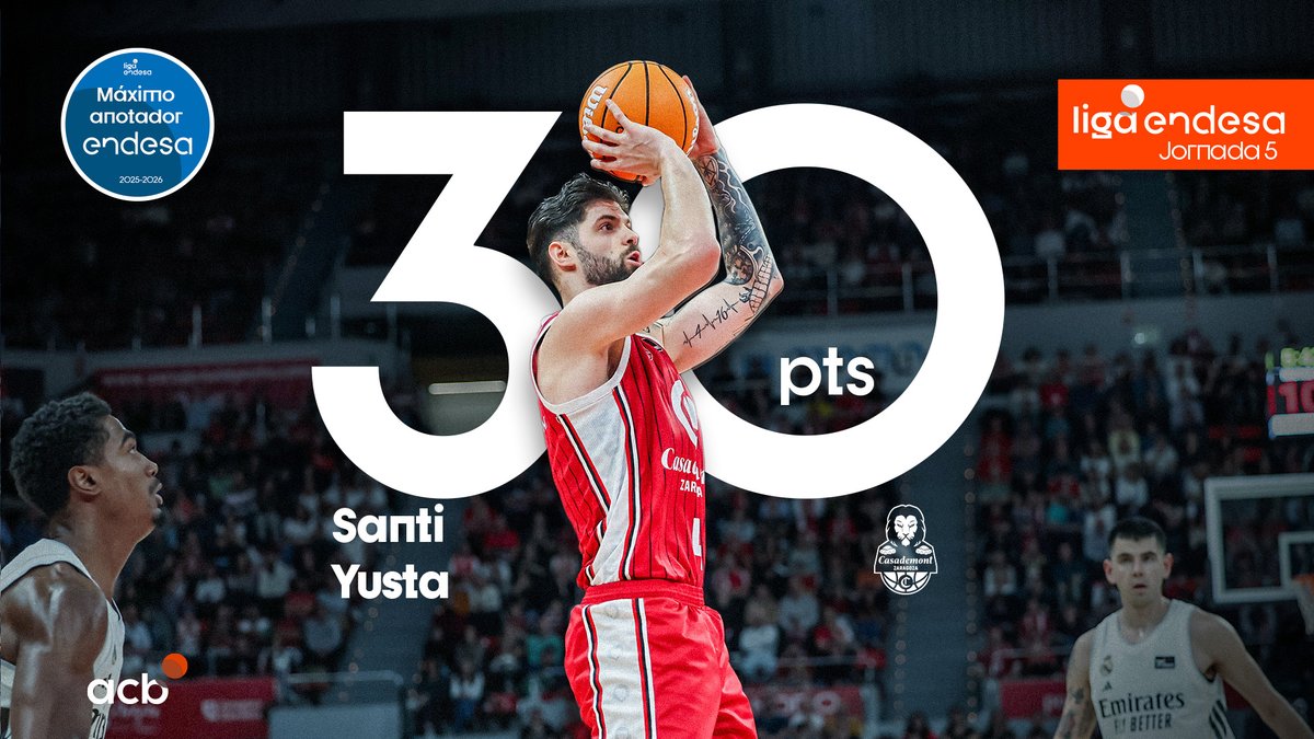 ⭐️ Desde la temporada 2012-13 y un tal Juan Carlos Navarro, ningún jugador nacional le anotaba 30 puntos al Real Madrid. Solo 5⃣ nacionales consiguieron una anotación así en este último lustro. Y él, además de todo esto... batió su MARCA PERSONAL de anotación y valoración. Con 3⃣0⃣ puntos, Santiago Yusta es el MÁXIMO ANOTADOR ENDESA de la JORNADA 5. Endesa Basket Lover | Casademont Zaragoza
