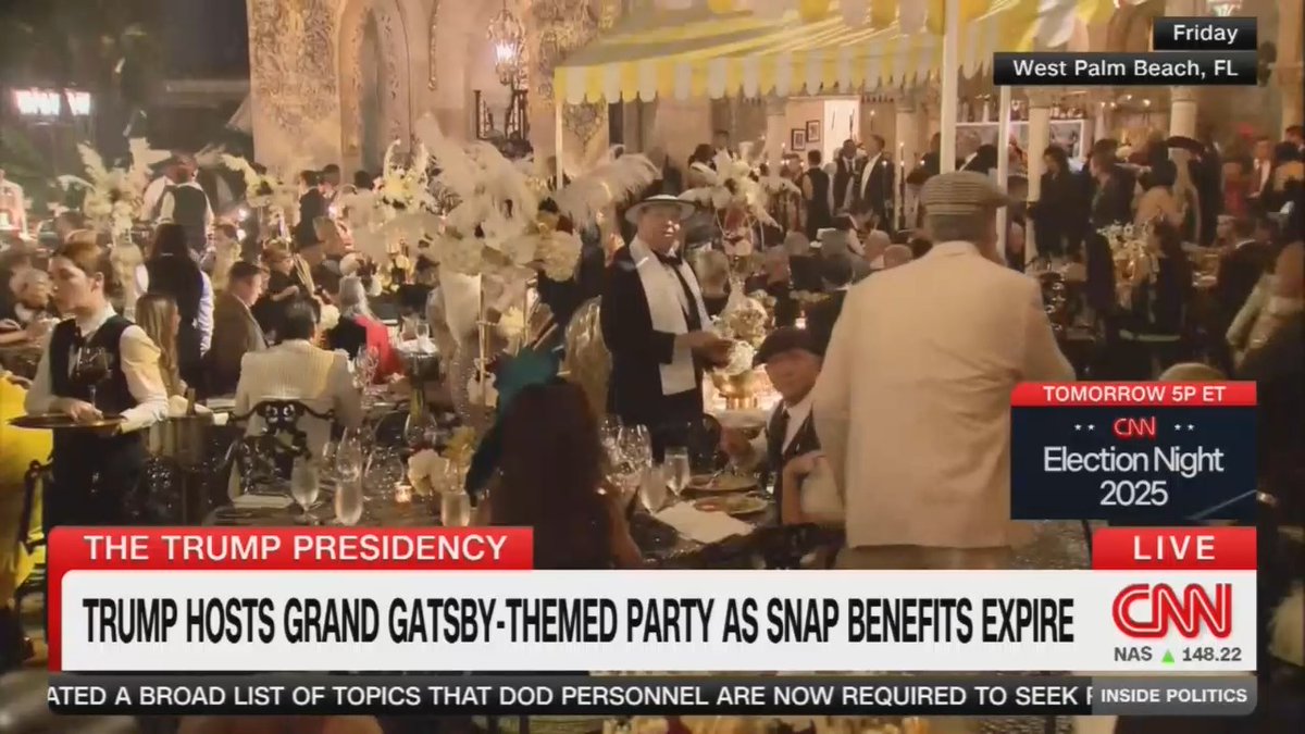Host: What you're looking at is a Great Gatsby party. Just the notion that Tump had a Great Gatsby party on Halloween night, just before the SNAP benefits went away for 40 million Americans and the people are suffering again, this imagery was noteworthy