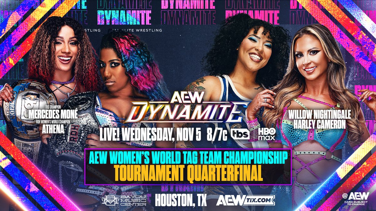 #AEWDynamite 8/7c, TBS + HBO Max This Wednesday, 11/5! AEW Women's World Tag Team Title Tournament Quarterfinal Athena is ROH & All Elite!/Último Moné vs @WillowWrestles/@HarleyCameron_ Willow + Harley saved Stat from a beatdown by Athena + Moné. See which team moves on, WEDNESDAY!
