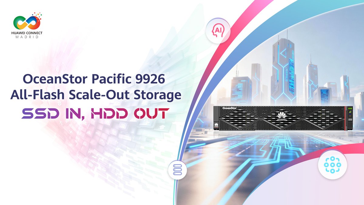 SSD in. HDD out. This is what innovation is all about. At #HUAWEICONNECT 2025 in Madrid, Huawei unveiled #OceanStorPacific 9926, a new all-flash scale-out storage system engineered for massive workloads. Think ultra-dense capacity. Think superior node performance. And think efficient data reduction. And all of this, designed to power the flash-first era. Watch the highlights now: #AllIntelligence #HuaweiStorage #Innovation #AllFlash #ScaleOut