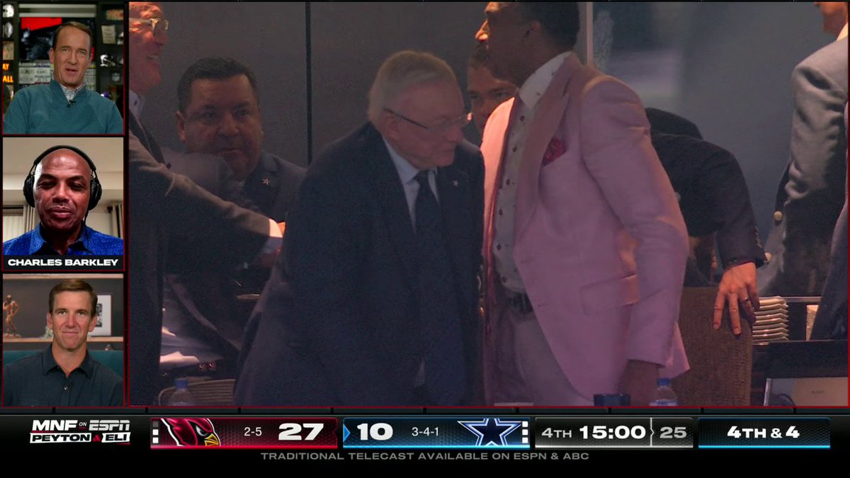 Charles Barkley isn't feeling Stephen A Smith's pink suit 😂 Watch the ManningCast on ESPN2 and the ESPN App 🏈