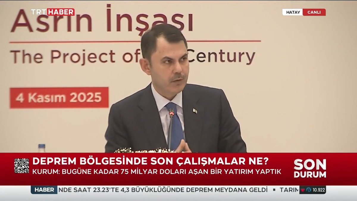 "Asrın inşa seferberliğinde sona yaklaştık" Çevre, Şehircilik ve İklim Değişikliği Bakanı Murat Kurum: Deprem bölgesinde yaşayan her 3 depremzede kardeşimden 2'si evine, sağlam yuvasına kavuşmuş oldu. Önümüzdeki hafta 15 Kasım'da 350 bininci konutumuzu teslim edeceğiz.