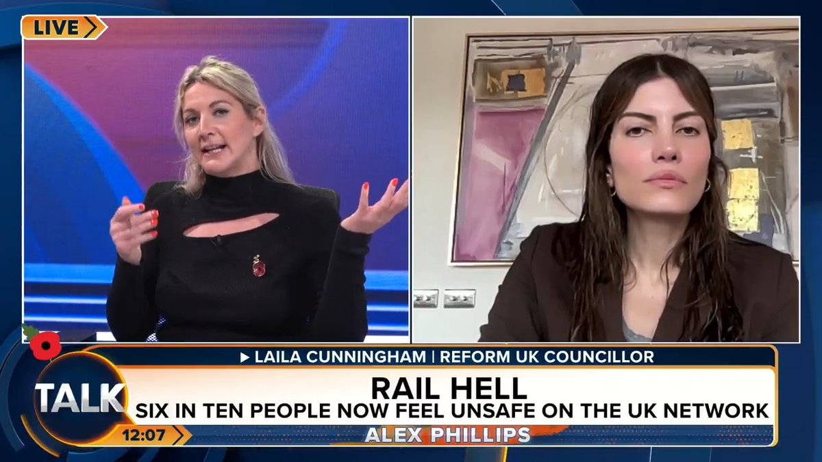 🚨"Police visibility has vanished. Women want uniforms on platforms." Reform UK's Laila Cunningham calls for "lifetime bans for offenders on public transport" as a means to tackle crime on trains. Alex Phillips