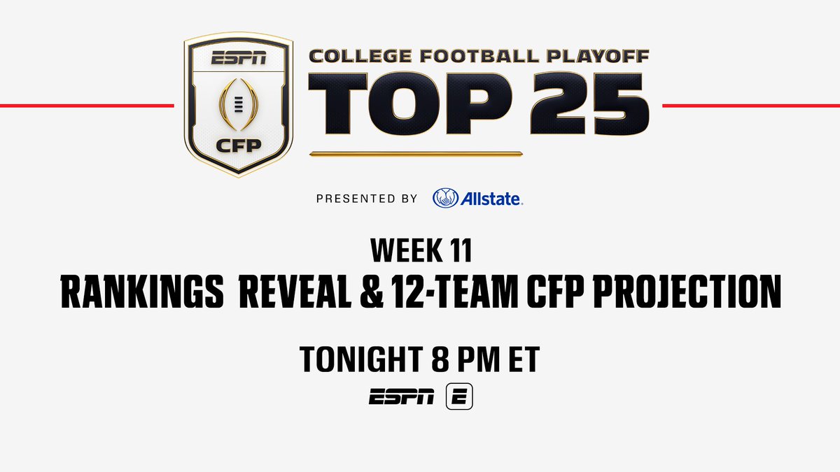 TONIGHT'S THE NIGHT! ➡️ College Football Playoff Top 25 📅 Tuesday, November 4 ⏰ 8 p.m. ET 📺 @ESPN 📱 #ESPN app #CFBPlayoff 🏈🏆