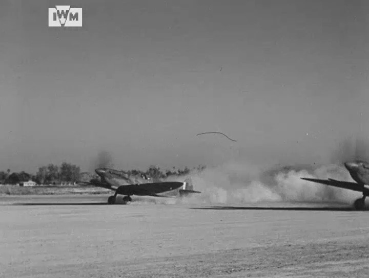 Spitfires of 136 Squadron RAF filmed taking off from Rumkhapalong airfield in Burma, 29 February 1944. Film: IWM ABY 4