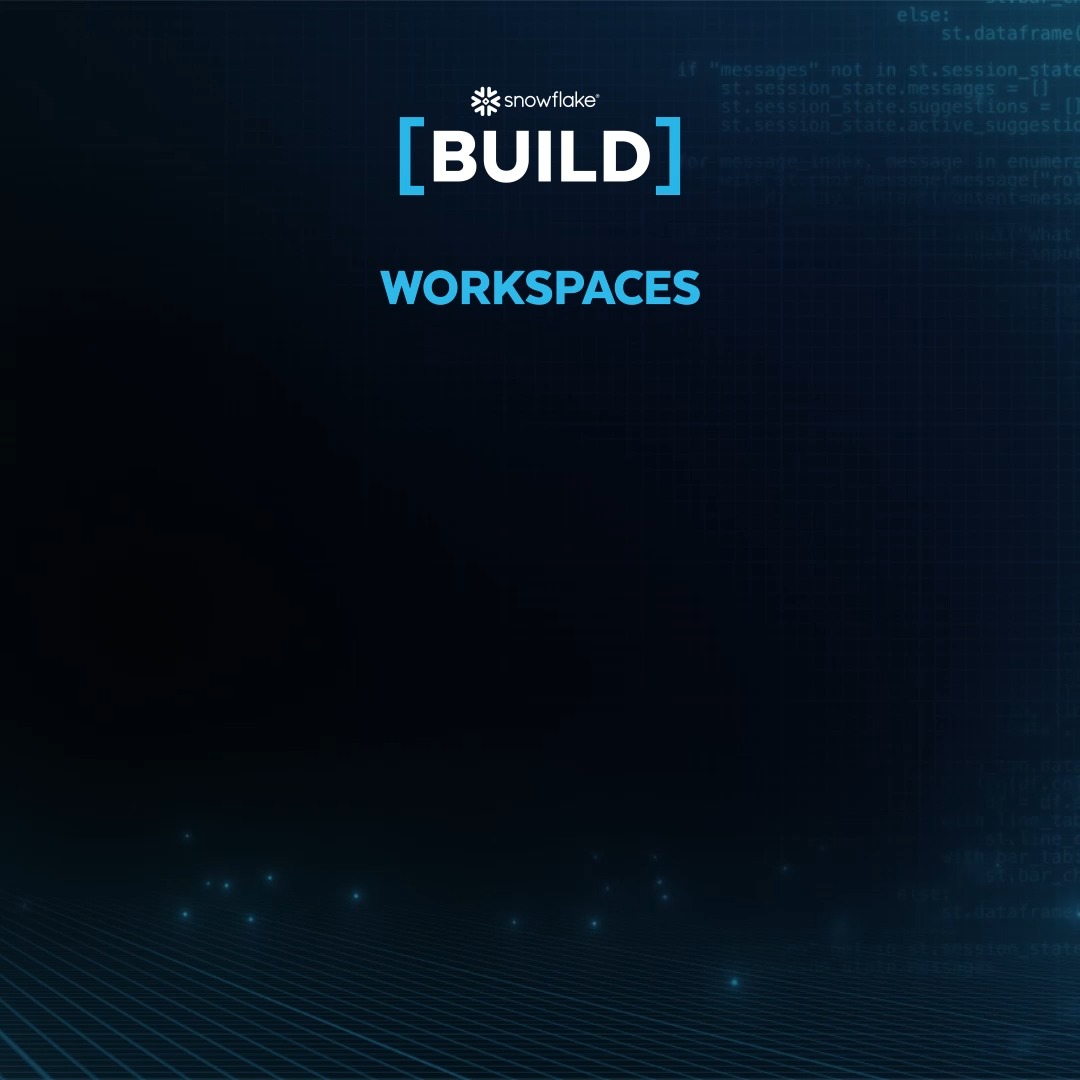 Introducing Snowflake Workspaces — the unified environment where developers build, test, and collaborate on data and AI projects. Code in SQL, Python, or @Streamlit — all inside the Snowflake AI Data Cloud. Fast. Secure. Built for the way you work.