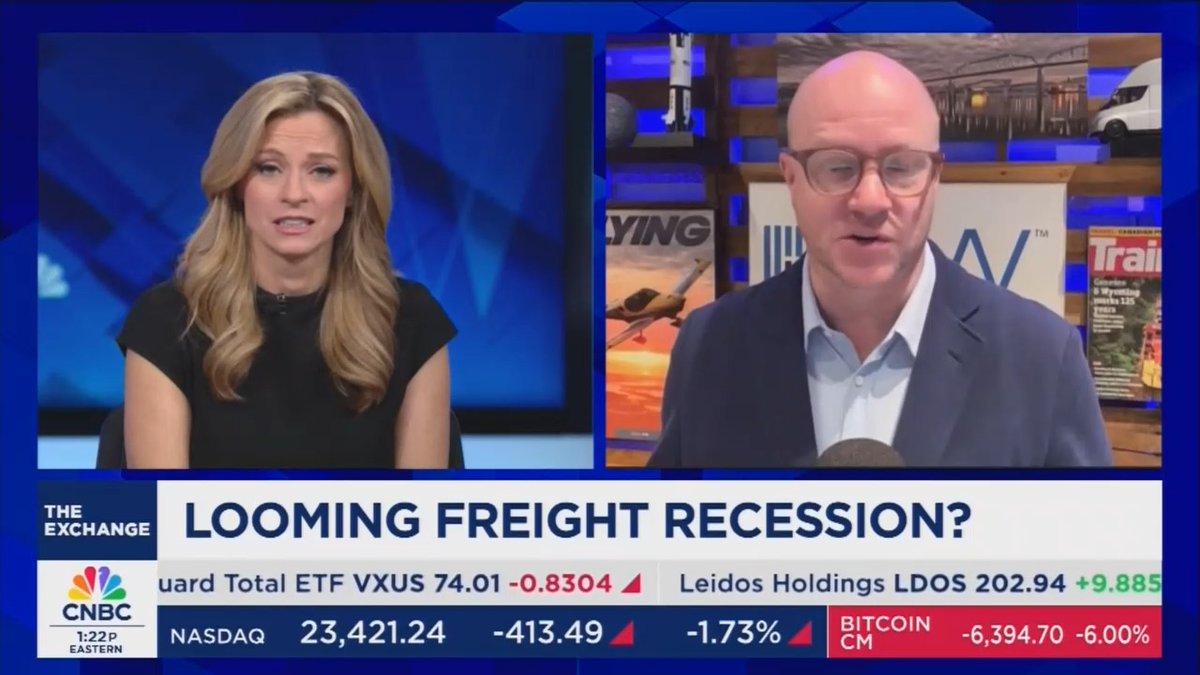 Freightwaves CEO: We should be worried. Certain portions of the goods economy are collapsing right now. Year-over-year trucking volumes is down 17%. When you look at the industrial sectors, we're down 30% year-over-year, which is Great Financial Crisis levels of concern.