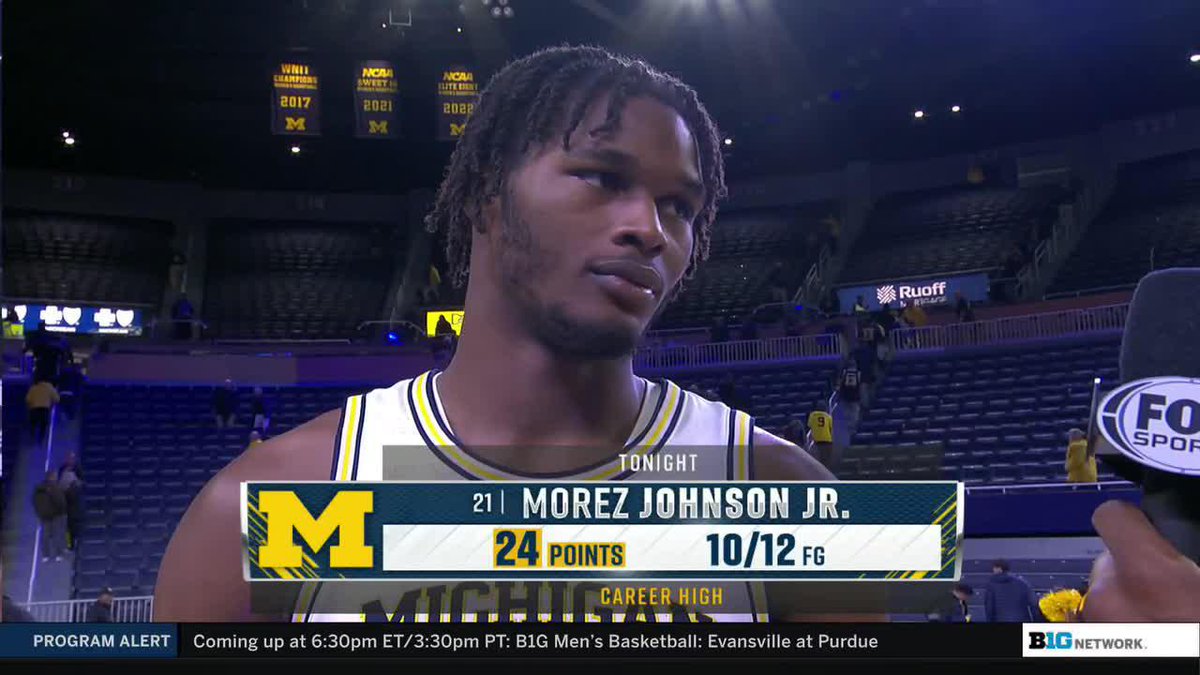 "I'm just blessed to be here with this coaching staff, believing in me, letting me evolve my game." Morez Johnson Jr., who was great against St. John's and again last night, is thriving under Dusty May and Michigan Men's Basketball's direction.