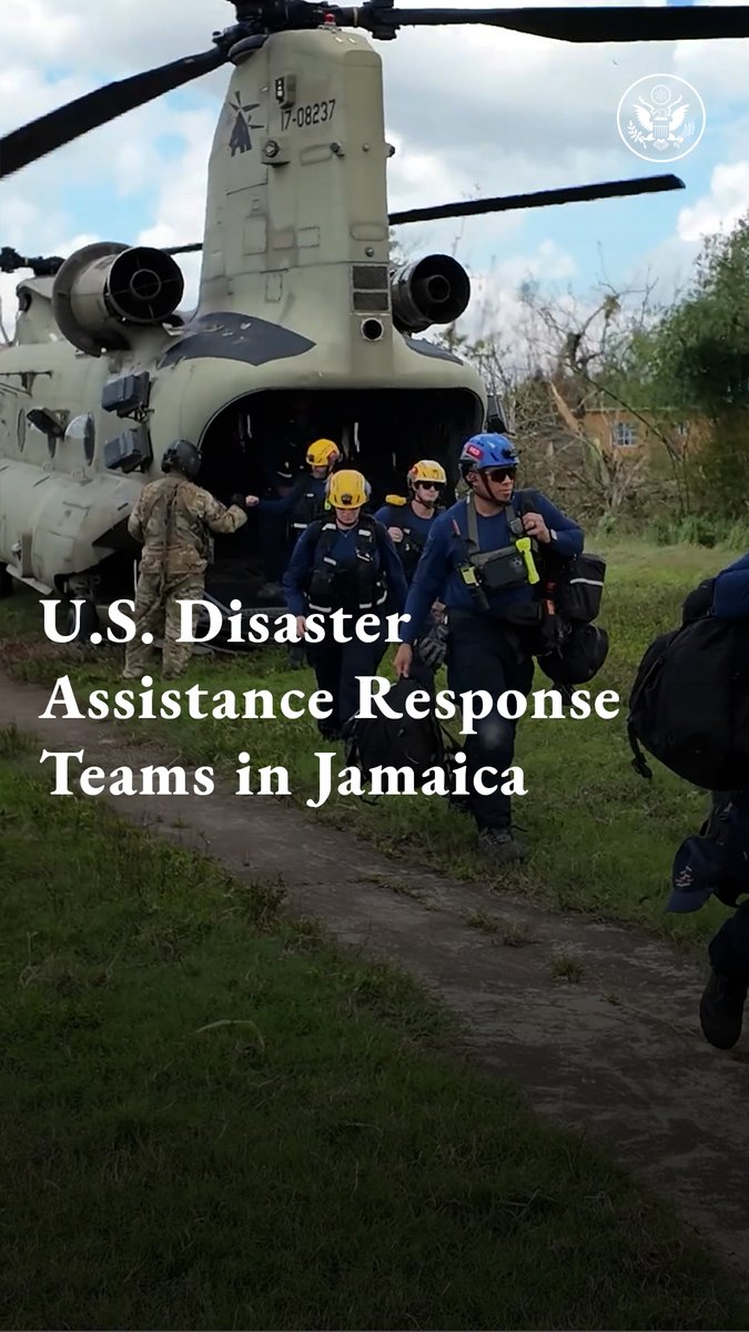The State Department's Disaster Assistance Response Teams are the lead on the ground in Jamaica. Composed of first responders from VA-TF1 / USA-01 - Urban Search and Rescue & @LACoFD, these teams are hard at work bringing relief and assistance to Jamaicans following Hurricane Melissa.