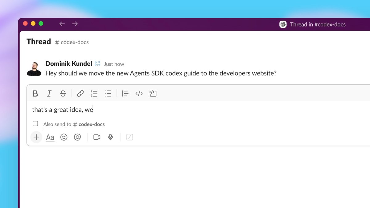 Level up your engineering team's collaboration with OpenAI's new Codex Slack integration. 🚀 Just tag Codex to answer questions, fix bugs, and explore new ideas, right from a team channel or thread. 💻 ✨ Learn more about the OpenAI Codex app in the Slack Marketplace.