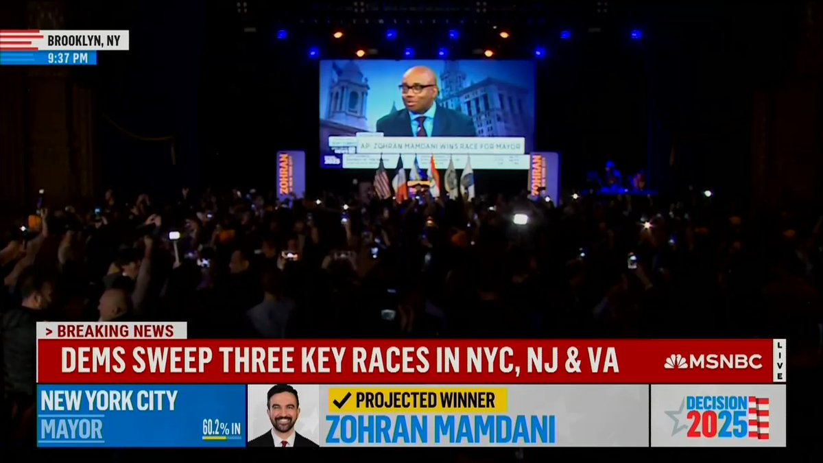 A packed crowd at Mamdani HQ erupts into cheers as Zohran Mamdani is declared mayor-elect of New York.