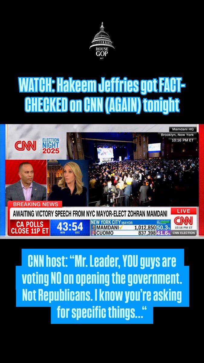 WATCH: Hakeem Jeffries got FACT-CHECKED on CNN (AGAIN) tonight after trying to deflect blame for DEMOCRATS shutting down the government! CNN host: “Mr. Leader, YOU guys are voting NO on opening the government. Not Republicans. I know you’re asking for specific things…“