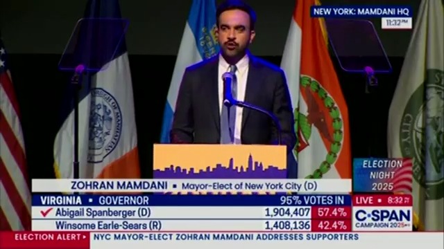 Mayor-elect Mamdani: We will refuse to allow those who traffic in division and hate to pit us against one another. Whether you are an immigrant, a member of the trans community, one of the many black women that Donald Trump has fired from a federal job, a single mom still waiting for the cost of groceries to go down, or anyone else with their back against the wall, your struggle is ours too. And we will build a City Hall that stands steadfast alongside Jewish New Yorkers and does not waver in the fight against the scourge of antisemitism. Where the more than 1 million Muslims know that they belong, not just in the 5 boroughs of this city, but in the halls of power.