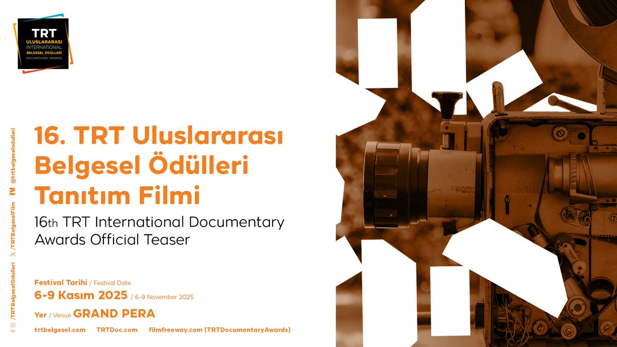 16. TRT Uluslararası Belgesel Ödülleri başlıyor. Bu yıl, "Kimin Hikâyesi Kimin Gerçeği?" mottosuyla; dünyanın dört bir yanından güçlü hikâyeleri ve onların ardındaki gerçekliği belgeselseverlerle buluşturacak. 6-9 Kasım Grand Pera - İstanbul