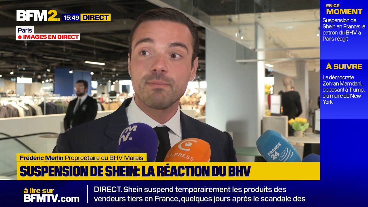 💬 "Je salue cette décision (...) Et j'espère qu'enfin on pourra arrêter de vendre des produits illicites sur cette place de marché" Frédéric Merlin, propriétaire du BHV, réagit à la procédure de suspension de Shein en France #BFM2