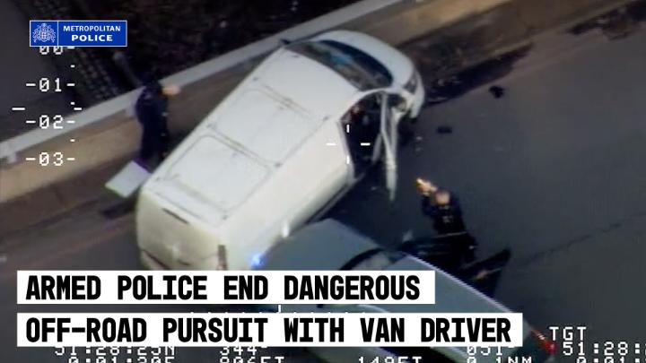 Tactical contact ends a high-speed chase. Police were called after a van was seen driving dangerously on Blackheath Common in Greenwich. The police helicopter tracked the van, while ground units worked together to bring the pursuit to a safe stop and arrest the suspects.