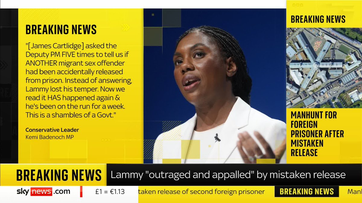 'It has happened again.' Tory leader Kemi Badenoch has reacted to the mistaken release of a foreign prisoner from HMP Wandsworth, describing the Labour government as "a shambles". Latest ➡️ 📺 Sky 501, Virgin 602, Freeview 233 and YouTube