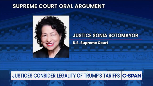 Justice Sotomayor asks about tariffs being a kind of tax on Americans and compares President Trump's emergency tariff Executive Orders to President Biden's student loan forgiveness policy and a hypothetical climate emergency.