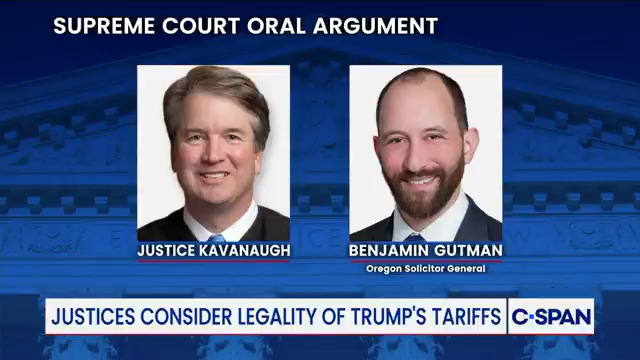 Justice Kavanaugh asks why the president may not be able to issue tariffs but can set trade embargoes, which sets off a debate among the justices and a series of questions about presidential power.