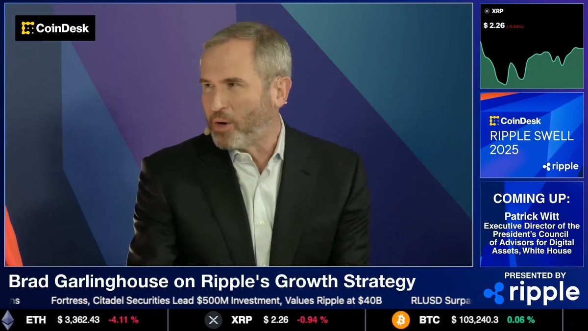 🚨Ripple CEO Brad Garlinghouse (Brad Garlinghouse) on crypto becoming partisan at Swell 2025: "I think there are a lot of leaders that are on the D side who realize technology should not be partisan." He argues that regulation should focus on outcomes, not the technology itself, calling the politicization "a cliff."