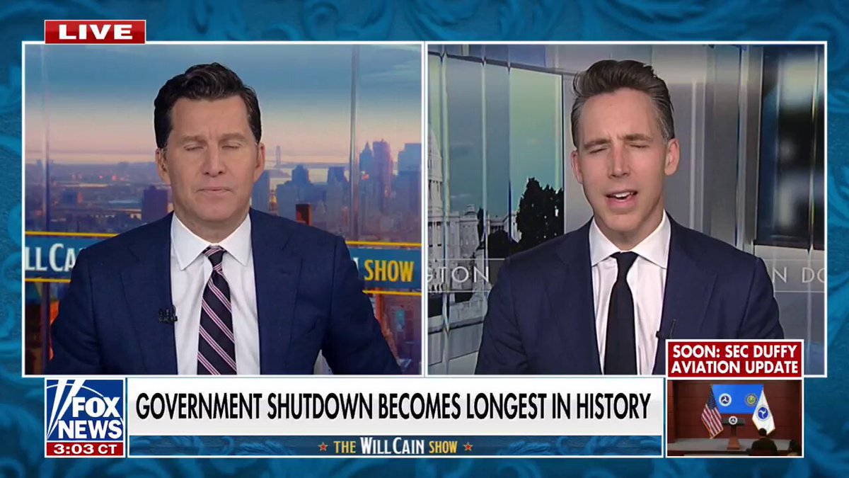 GOVERNMENT SHUTDOWN DAY 36: “THE HUMAN SUFFERING IS REAL” Josh Hawley: "...planes falling out of the sky already. You've got people who aren't eating. Is it going to take the military not getting paid? Federal workers can't make rent? You've got our federal law enforcement going unpaid."