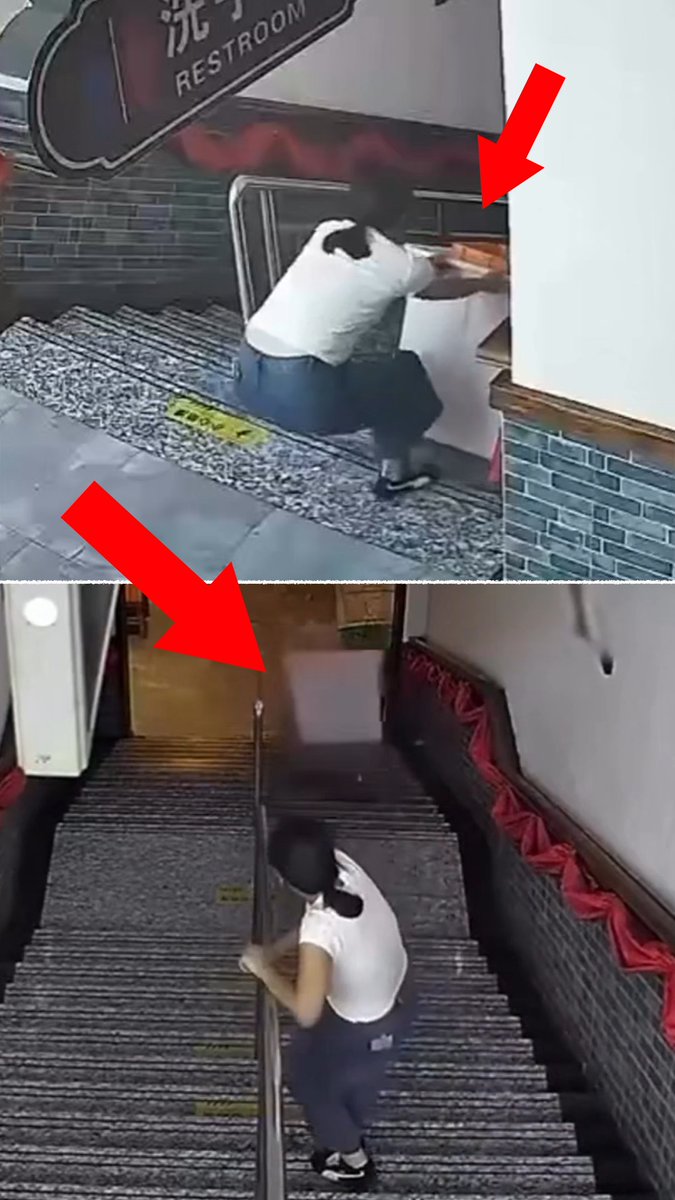 Una camarera intentó bajar sola un carrito lleno de platos sucios por las escaleras, pero su plan terminó mal.