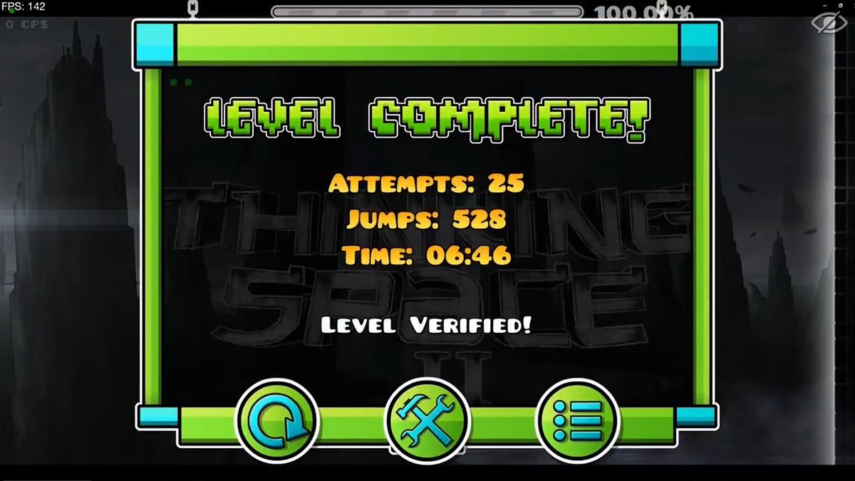 Top player Kane Ready has become the first victor of 'Thinking Space II', currently the hardest level in Geometry Dash, after 35,223 attempts and +42 hours of playtime! 🏆