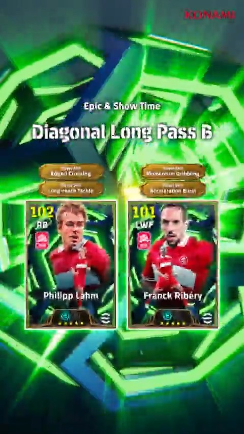 【Epic &amp; Show Time: Diagonal Long Pass B】 ペップ グアルディオラ監督のもと、リーグ最速優勝を成し遂げたレジェンドが登場！ フランク リベリ（アジリティ+3） フィリップ ラーム（デュエル+3） サイドの要を獲得し、勝利の方程式を完成させよう！ #イーフト #eFootball