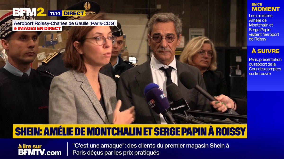 💬 "100% des colis arrivés depuis 24h sont bloqués" Shein: "On n'arrêtera pas les contrôles tant que les normes ne seront pas respectées [...] Nous allons ouvrir tous les paquets", signale Amelie de Montchalin, ministre des Comptes publics à l'aéroport de Roissy #BFM2