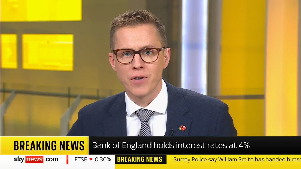 BREAKING: The Bank of England has held the base rate at 4%. Analysts have been saying a cut will instead come in December - when the effects of the 26 November budget will be clearer. Money blog ➡️ 📺 Sky 501, Virgin 602, Freeview 233 and YouTube