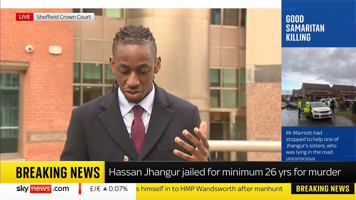 BREAKING: Hassan Jhangur, who murdered a "Good Samaritan" by driving into the middle of a wedding brawl, has been sentenced to 26 years in prison. Sky's Shingi Mararike is outside Sheffield Crown Court and has been following the court case 📺 Sky 501