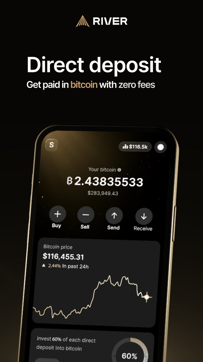 Direct deposit is live on River! To celebrate, we're giving away $25,000 in bitcoin 🎉 Your paycheck, two ways to earn bitcoin: 📈 Auto-invest any amount in bitcoin with zero fees. 💰 Earn 3.5% on cash, paid in bitcoin. Details below.