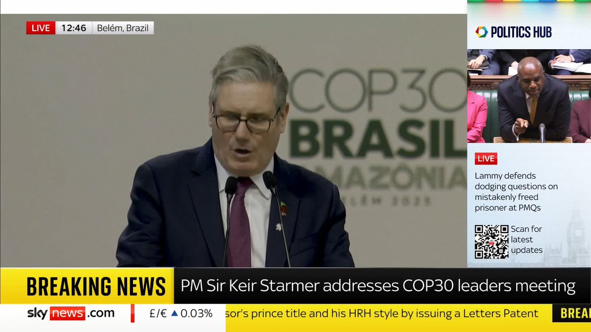 Prime Minister Sir Keir Starmer tells attendees at COP30 in Brazil that the UK is "doubling down" on the fight against climate change. He criticises the collapse of a cross-party consensus on the issue and those who think it "can wait". 📺 Sky 501