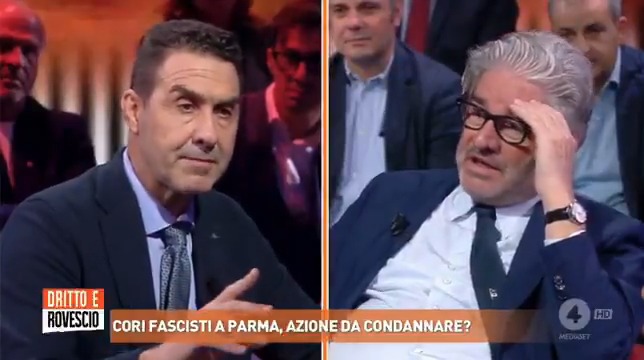 - Lei prenderebbe a calci i militanti che a Parma hanno inneggiato al fasciamo? - Io sono orgoglioso della nostra storia e delle nostre tradizioni [...] Canticchiavano una canzone in un luogo privato #drittoerovescio