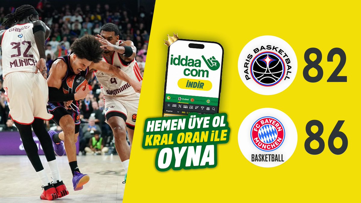 🏀 #EuroLeague'in 9. haftasında oynanan maçta Bayern Münih, Paris Basket'i 86-82'lik skorla mağlup etti. 🟡 iddaa &amp;
