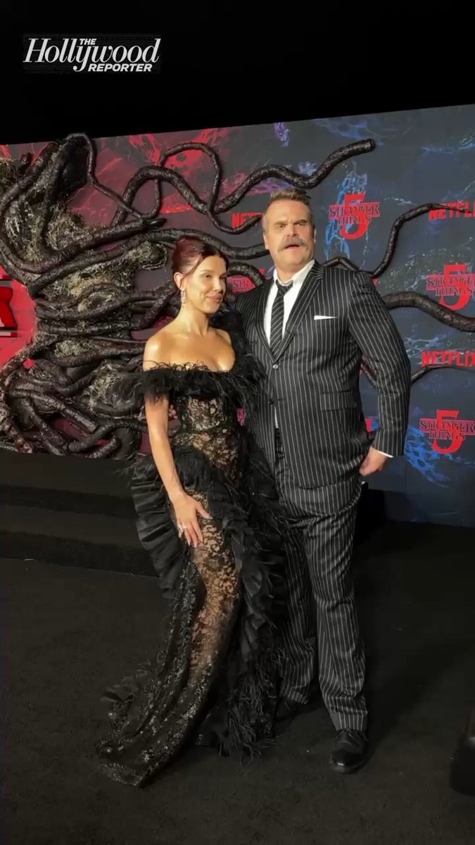 Millie Bobby Brown and David Harbour pose together on the red carpet of the #StrangerThings Season 5 premiere in Los Angeles. Read more about Season 5:
