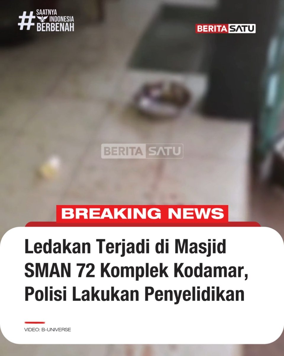 Sebuah ledakan terjadi di dalam masjid SMAN 72 yang berlokasi di Komplek TNI AL Kodamar, Kelapa Gading, Jakarta Utara, Jumat (7/11) sekitar pukul 12.30 WIB. Pihak kepolisian saat ini masih melakukan penyelidikan untuk memastikan penyebab ledakan tersebut. Tidak ada keterangan resmi terkait korban maupun kerusakan di lokasi kejadian. #Ledakan #JakartaUtara #KelapaGading #SMAN72 #BeritaSatu