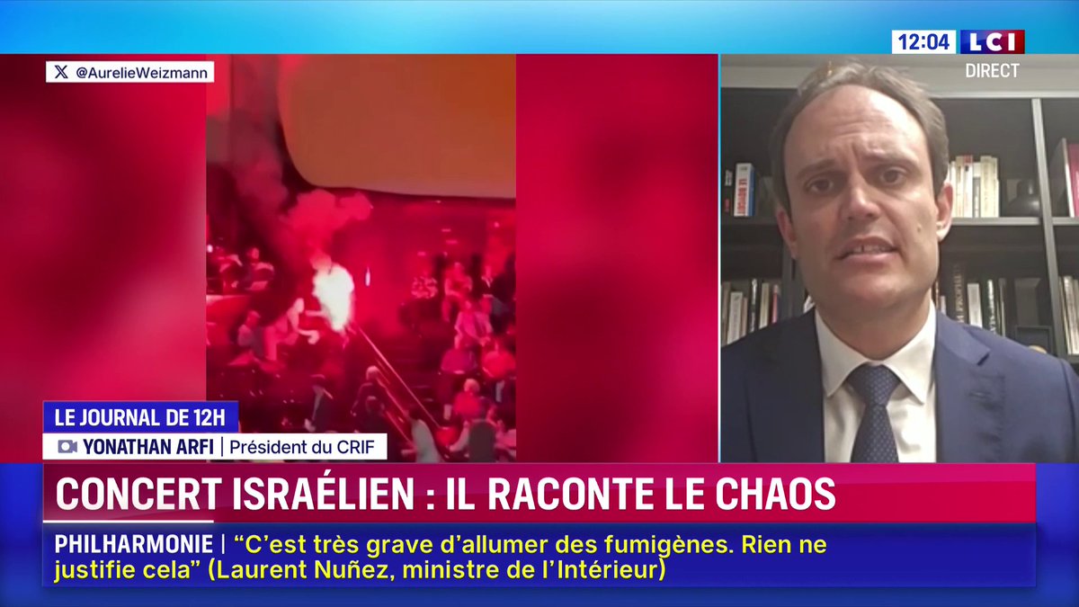 🔴 Incident lors du concert israélien à la Philharmonie de Paris 🗣️ "Je ne suis pas surpris que LFI ne condamne pas ces actes, car ils les encouragent." 💬 Yonathan Arfi, président du CRIF (@Le_Crif), répond à Manon Aubry sur LCI
