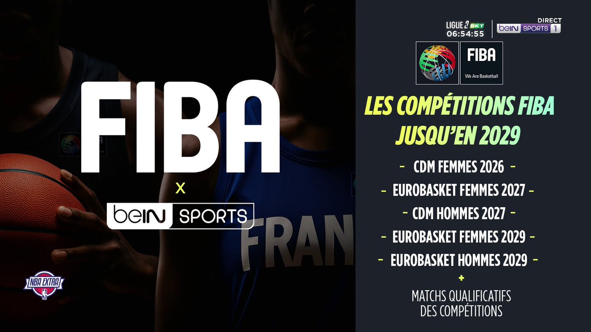 🚨 LA GRANDE ANNONCE ! 🤝 beIN SPORTS devient le diffuseur des compétitions FIBA Basketball World Cup 🏆 et FIBA EuroBasket jusqu’en 2029 ! 🤩 Avec au programme : 🏆 Coupe du Monde Féminine FIBA 2026 🏆 Coupe du Monde Masculine FIBA 2027 🏆 EuroBasket Féminin FIBA 2027 et 2029 🏆 EuroBasket Masculin FIBA 2029 On vous donne déjà rendez-vous le 28 novembre à 20h30 pour France 🇫🇷 - 🇧🇪 Belgique dans le cadre des qualifications à la Coupe du Monde 2027 ! #NBAextra